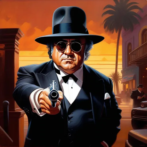Prompt: Danny Devito as a mafia boss, guns, magnum dong, cold atmosphere, cartoony style, extremely detailed painting by Greg Rutkowski and by Henry Justice Ford and by Steve Henderson