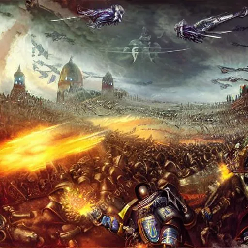 Prompt: beautiful realist fantasy detailed illustration battle between Holy orthodox Christian Empire Space Marines, year 2400, holy war, battle, hand-to-hand, heretics, alien planet, alien sky, grim dark, brutal, clean, golden, pure, molten, weapons, roman, byzantine, church
