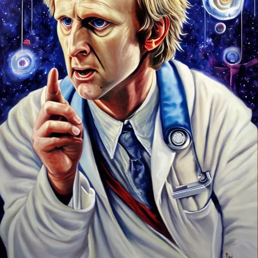 Prompt: A disturbing painting of Peter Davison as Doctor Who