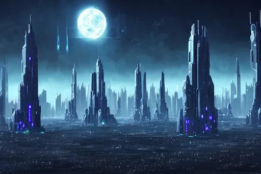 Prompt: Futuristic Tall black towers on deep dark ocean dark sky spaceships night lights hover ships dark tall city lots and lost of small floating ships