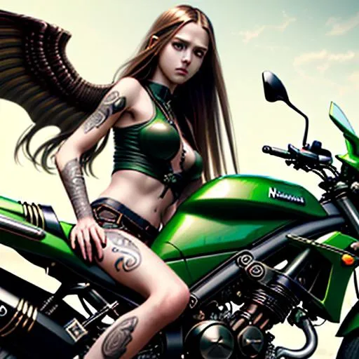 Prompt: Ultra Photo Realistic, Very Detailed, young women , two long brown braids hair, pentagram tattoo, green eyes, modern clothes, very detailed eyes, sitting on a black Kawasaki Ninja, hd, high definition, 8k resolution, art station, by justing gerard and greg rutkowski, digital art, Inferno Ambient Background