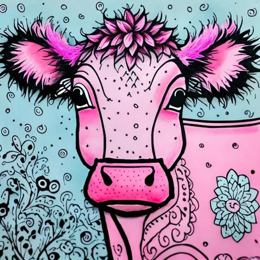 Prompt: Colourful pink cow, intricate ink drawing, fuzzy ears 