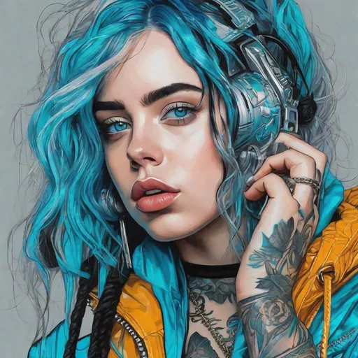 Prompt: billie eilish ai art, wearing cyberpunk streetwear, high detail perfect intense aqua blue eyes, aqua blue lipstick, detailed full lips, facial tattoos, aqua and black hair color, retro waves styled hair with reflective transparent sheen