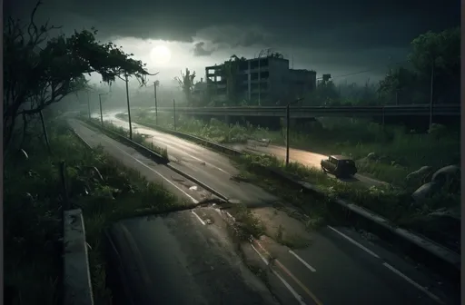 Prompt: Abandoned desolate highway overgrown with vegetation, The Last of Us style, night, high-quality, detailed 3D rendering, post-apocalyptic, eerie atmosphere, creepy lighting, overgrown vegetation, decaying vehicles, atmospheric fog, hauntingly beautiful, desolation, dramatic shadows, abandoned, dark tones, overgrown, night time, detailed textures, professional 3D rendering, atmospheric lighting, destroyed city in background