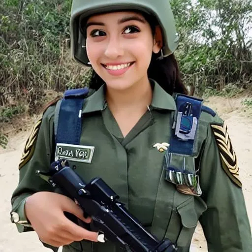 Prompt: beautiful anime girl, the most beautiful and perfect possible, incredible ultra-detailed eyes, big eyes, alive and shining blue and caldera, light skin, Brazilian army girl in uniform and aramda, carrying military equipment, short and blond hair, her face is happy and cheerful with a beautiful smile



