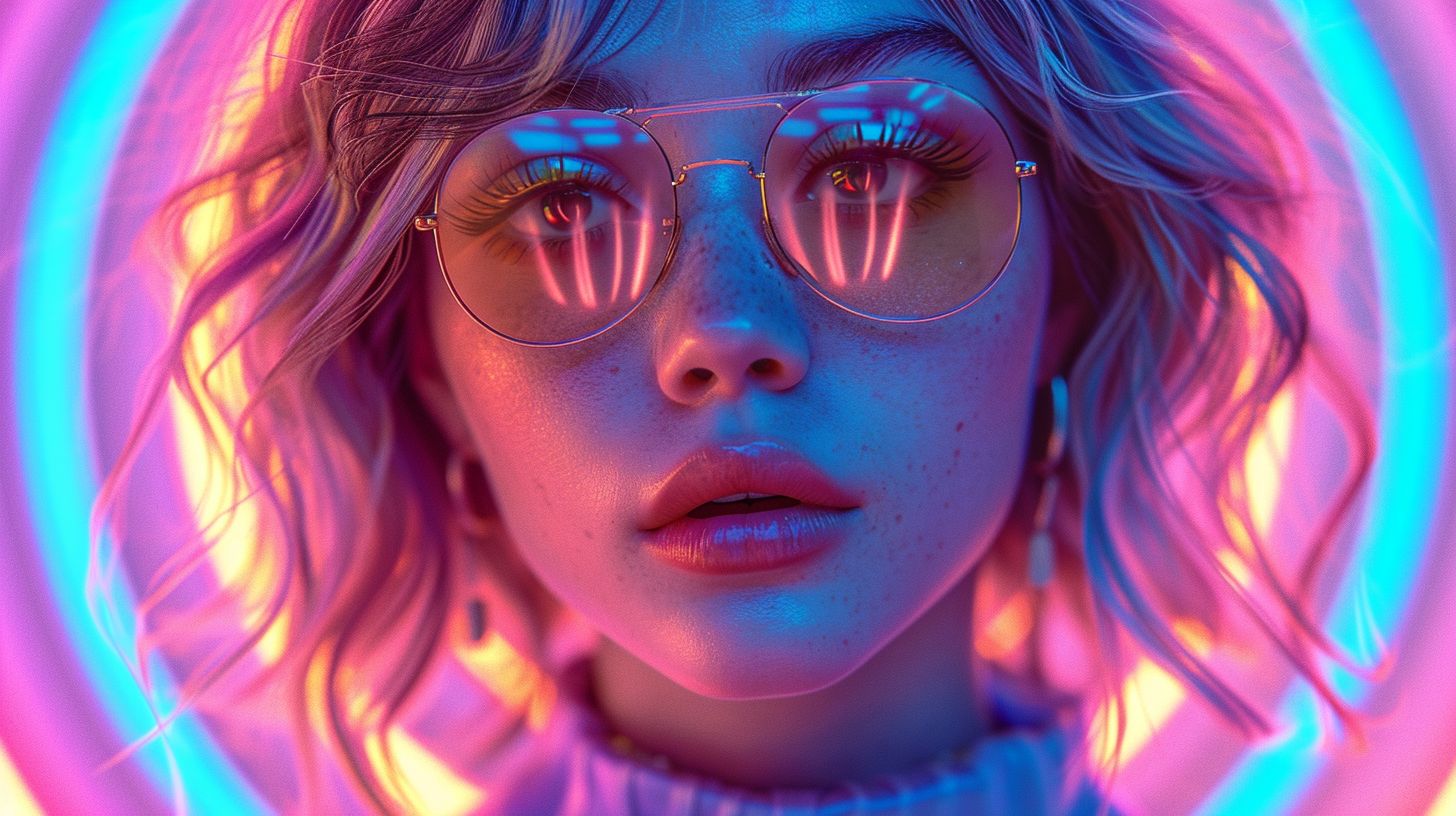 Prompt: Render of a woman with vibrant, color-shifting hair from warm tones at the top to cooler tones at the bottom. Her sunglasses show a reflection of a clear day's sky. She has a futuristic metallic complexion, and behind her are pulsating blue rays.