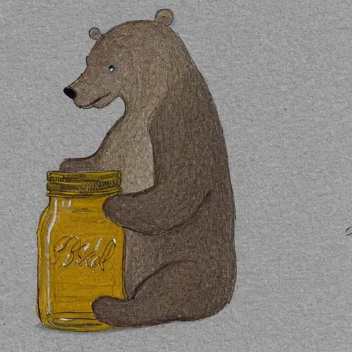 Prompt: A bear sat eating honey from a jar in the style of “Sarah Kay” drawing 