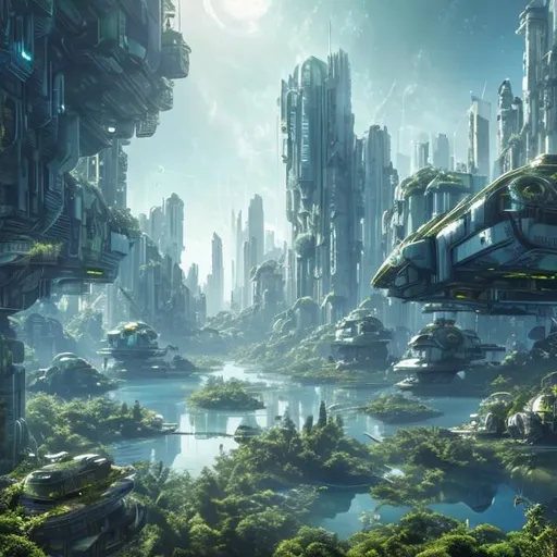 Prompt: Old abandoned Futuristic city overgrown with lush green plants reflection lake light blue sky with hover ships high resolution 8k