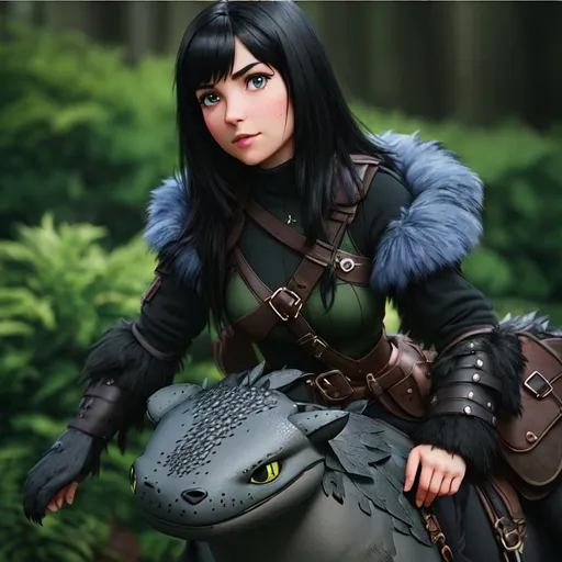 Prompt: Please produce a Heather from How to Train Your Dragon, photo session, attractive, black hair, (((full body visible))), looking at viewer, portrait, photography, detailed skin, realistic, photo-realistic, 8k, highly detailed, full-length frame, High detail RAW color art, piercing, diffused soft lighting, shallow depth of field, sharp focus, hyperrealism, cinematic lighting