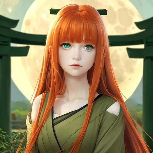 Prompt: Woman long ginger hair bangs green eyes Torii gate moon