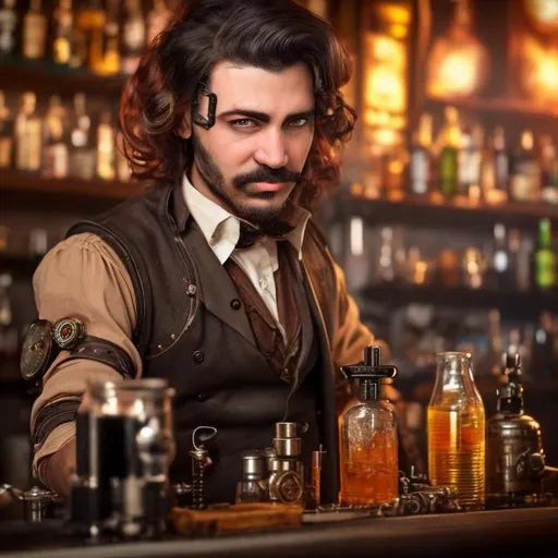 Prompt: steampunk bartender male dark hair warm tones realistic
