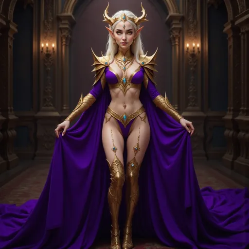 Prompt:  @VITLFRBSebJkkO8huw5E adorned in purple lavish, intricate royal attire, exuding an air of power and elegance, adorned with ornate jewelry and accessories, set against a dramatic, shadowy background, evoking a sense of mystique and allure, high detail, vibrant colors, fantasy realm ambiance.
