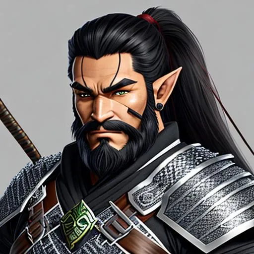 Prompt: A Orc half Elf hybrid ranger with many scars on his body, wielding a shortbow, wearing ancient japanese style chainmail and hide armor with a fur tunic underneath. black japanese style ponytail, short black beard. highly detailed, symmetrical.