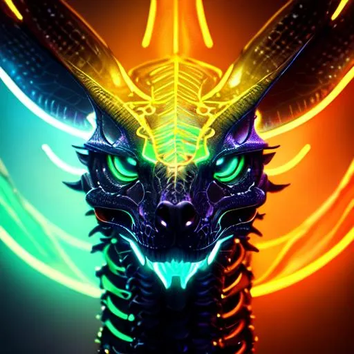 Prompt: Portrait of a roaring neon skeleton dragon with iridescent black markings and a cute face, perfect composition, hyperrealistic, super detailed, 8k, high quality, trending art, trending on artstation, sharp focus, studio photo, intricate details, highly detailed, by greg rutkowski, illustration, watercolor