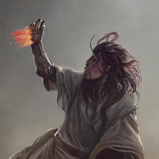 Prompt: a boy blowing fire out of his hand in elden ring painting art style