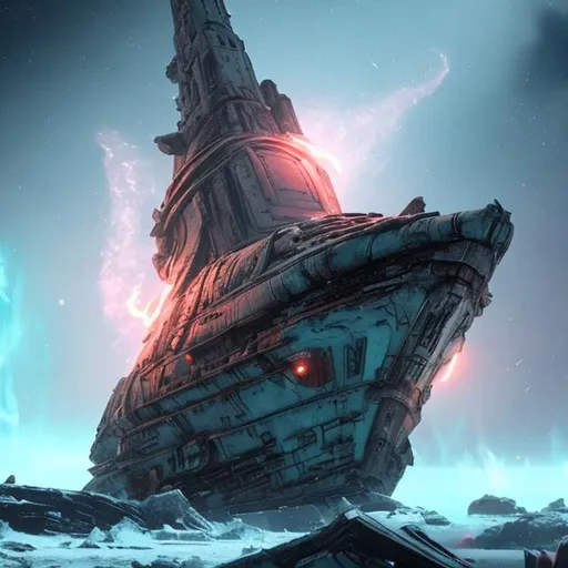 Prompt: star ship wreck war ancient beam fire horror rotting old ice planet