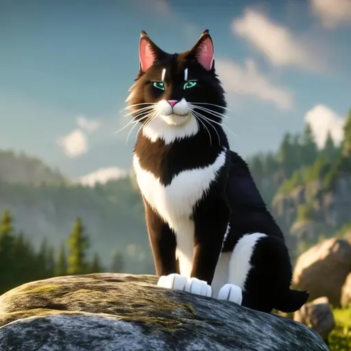 Prompt: A warrior cat clan leader is sitting on the high rock looking down at his clan, he has beautiful black and white fur a forest green eyes, he sits proudly on the rock  announcing the new deputy that will rule beside him, the sky is gloomy