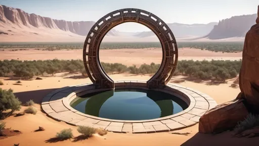 Prompt: circular portal, gateway between desert world and forest lake world, ring, ring standing on edge, freestanding ring, complete ring, desert in foreground, forest inside gateway, panoramic view