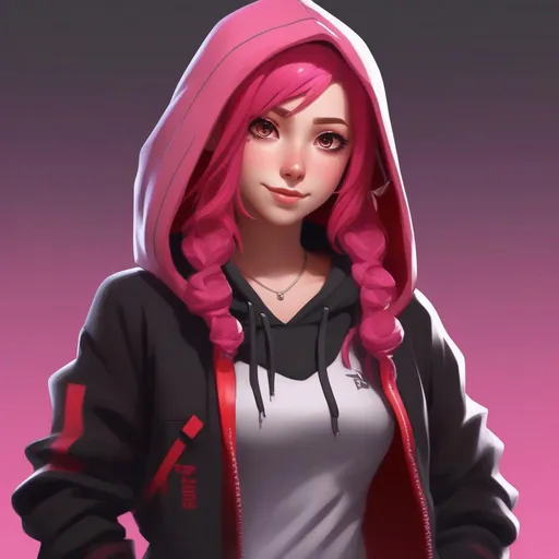 Prompt: anime girl with pink hair and hoodie, black and red dress, character reveal, inspired by Muqi, turning her head and smiling, daughter of death, fortnite skin, long curl red hair, e - girl, many zippers, obsidian skin, devil