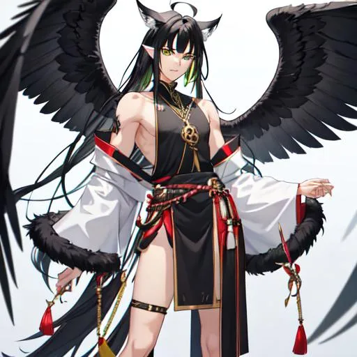 Prompt: Male, claws with paws, black hair, green eyes, wings, feathered from elbow to shoulders, feathered from kneecaps to hips, claws for legs, swarthy, haori, wings for ears, male, boy