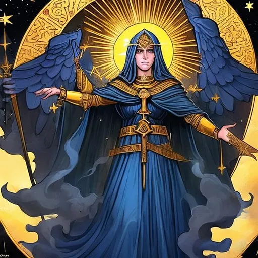 Prompt: war and armies! BEHOLD the great sign appearing in the heavens! A Chaldean virgin clothed all about with the sun, the moon under her feet, and a crown of twelve stars around her head. she commands the terrible, immense armies arrayed with banners of war