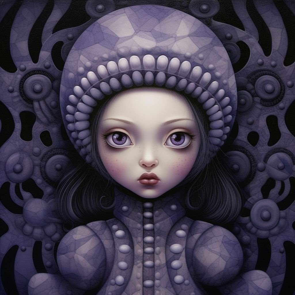 Prompt: a girl dressed up as an un dressed in black and purple, in the style of mark brooks, naoto hattori, dark white and light purple, yup'ik art, tupinipunk, intense gaze, dave coverly