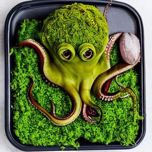 Prompt: a gym and meal prep company that uses a octopus that’s moss green as a logo