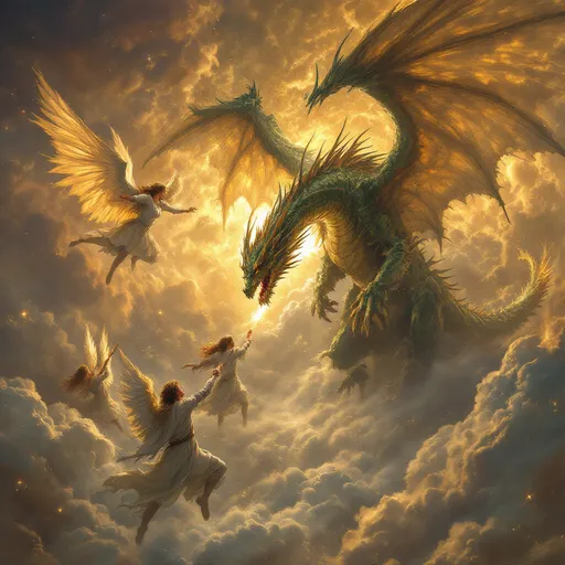 Prompt: Then war broke out in heaven. Michael archangel and his angels fought against the dragon, and the dragon and his angels fought back. 