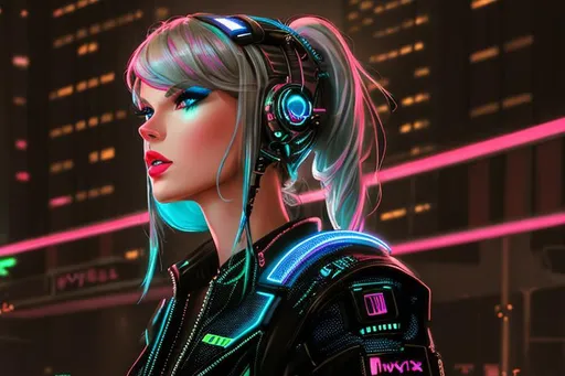 Prompt: A detailed portrait of a cyberpunk Taylor Swift as a cyborg in a Futuristic Cityscape and Neon blue, Street Art, Graffiti Style, Bold, Digital Painting, Urban, Edgy, Colorful, 8K, Intricate Details illuminated by a neon sunset, by Alex Konstad, Tatsuya Ishida, and Patrick Brown, dramatic lighting, hyper-realistic details, with digital painting techniques, trending on Artstation, cinematic cinematic lighting.