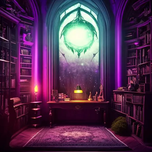 Prompt: HD, 4K, 3D, Stunning, magic, cinematic camera, interior design,gothic witch studio room, ethereal,gothic enchanted,bookshelf, light contrast, witchy ambient, purple light, purple and green sunstrails, moon glow, cauldron, desk, chaise longue