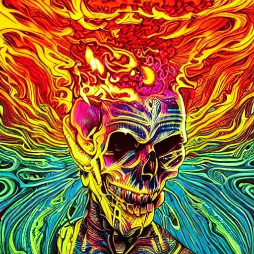 Prompt: Hypnotic illustration of a SKULL ON FIRE, hypnotic psychedelic art by Dan Mumford, pop surrealism, dark glow neon paint, mystical, Behance