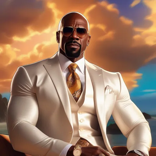 Prompt: Terry Crews as Nicolas Cage,  gentleman, fashion rocks, background shoreline, warm lighting, in the style of dragon ball anime