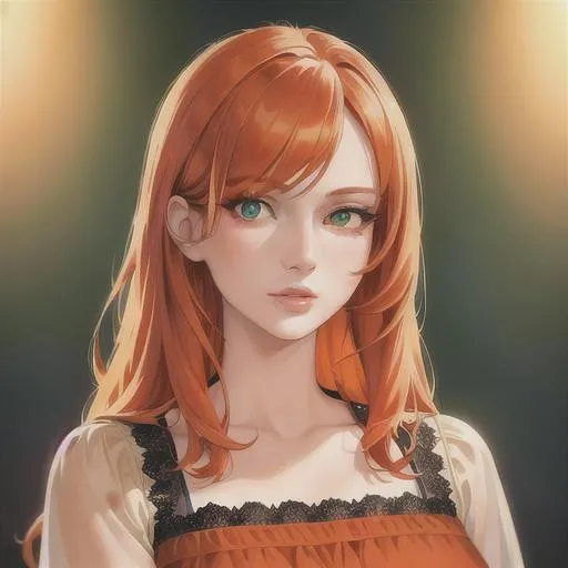 Prompt: (masterpiece, illustration, best quality:1.2), medium orange hair, green eyes, wearing red nightgown, best quality face, best quality, best quality skin, best quality eyes, best quality lips, ultra-detailed eyes, ultra-detailed hair, ultra-detailed, illustration, colorful, soft glow, 1 girl