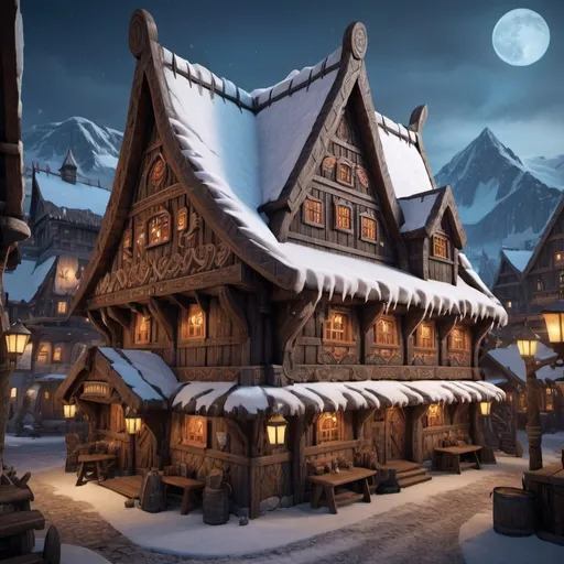 Prompt: Viking tavern, entire structure, wooden materials, snow covered, thiefs guild, intricate carvings details, 
immersive world-building, high quality, detailed, epic scale, fantasy, game style, vibrant colors, midtown, nightfall