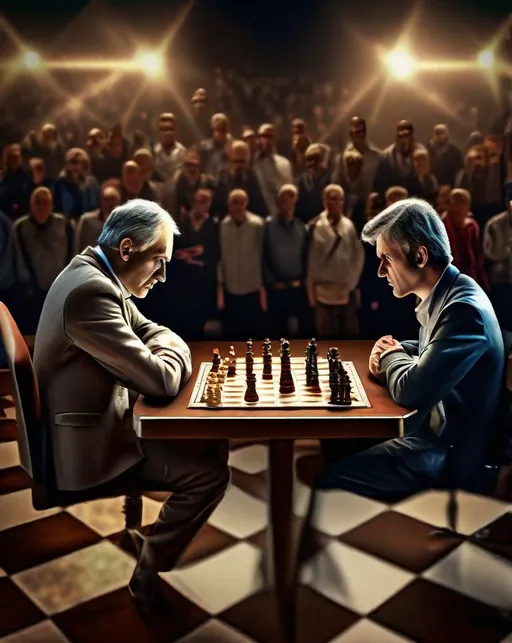 Prompt: Two chess masters face off in an international tournament, gazing intensely at the board spotlit dramatically overhead. A hushed crowd looks on at the competitive game. In the style of (Howard Lyon:0.5), ultra detailed, highly detailed scenario, photorealistic, intricate, masterpiece, UHD, HDR, symmetric, coherent, epic detail, stunning, beautiful, ,lumen render ,lumen path tracing ,path tracing light ,path tracing shadow ,path tracing special fx, 