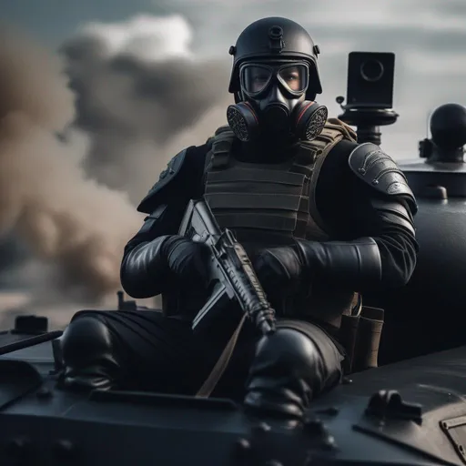 Prompt: A depression modern roman military male in black military roman armor, and gas mask, sitting on a tank, Hyperrealistic, sharp focus, Professional, UHD, HDR, 8K, Render, electronic, dramatic, vivid, pressure, stress, traumatic, dark.