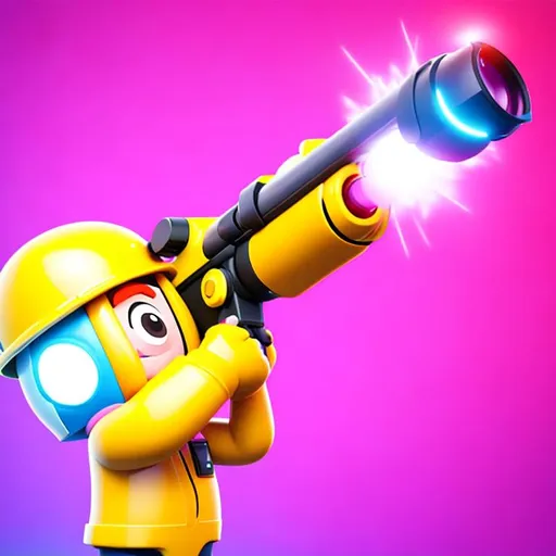 Prompt: a close up of ayellow toyshooting a bazooka, splash art brawlstars, yellow hardhat, aiming, b3d, looks at the big explosion, toon rendering, villager, booster flares, black border: 0.75, uses c4, blingee, published art, flare