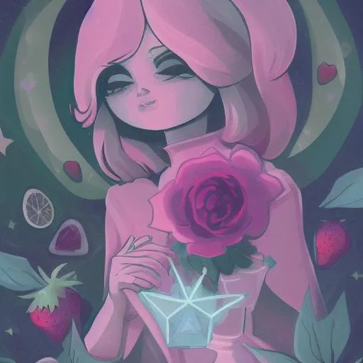 Prompt: Witch, aesthetic, pastel, beautiful, painting, strawberries, cute, flowers, soft, lemons, art, rpg, sweet, milk, crystals, highres, illustration, Steven universe, moon, stars, space, sci fi, alien