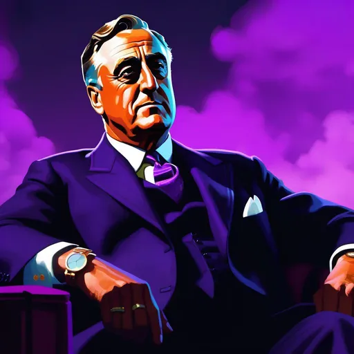 Prompt: Franklin Roosevelt in Saints Row, guns, cartoony, purple atmosphere, extremely detailed painting by Greg Rutkowski and by Henry Justice Ford and by Steve Henderson