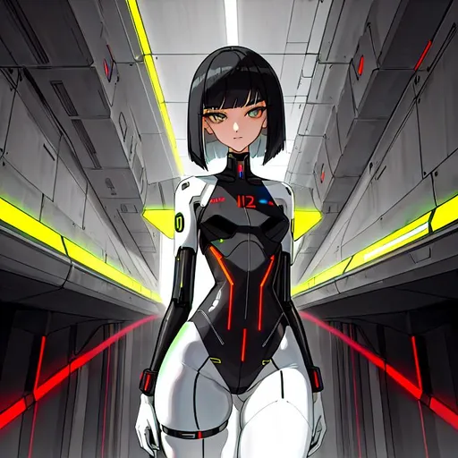Prompt: a lonely AI girl, very tall, thick thighs, wide hips, long legs, slender arms, slender waist, big beautiful symmetrical eyes, intriguingly beautiful face, aloof expression, bob haircut with bangs, wearing Cyber-Brutalist Post-Futuristic Absurdism fashion clothes, 12K resolution, hyper quality, hyper-detailed, depth of field