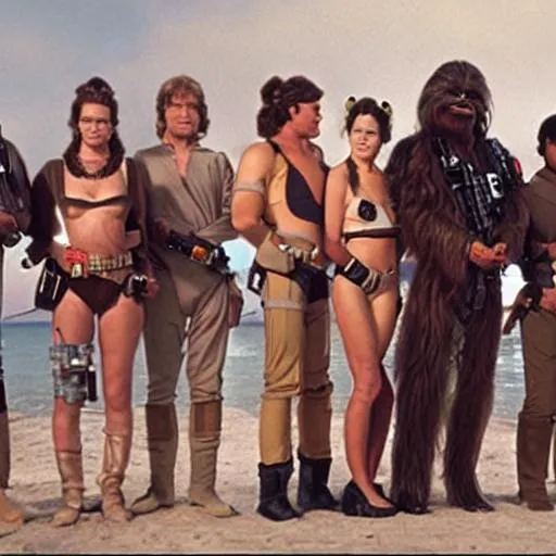 Prompt: Luke Skywalker, Han solo, Chewbacca, Lando calrissian, and princess Leia all wearing slave Leia bikinis