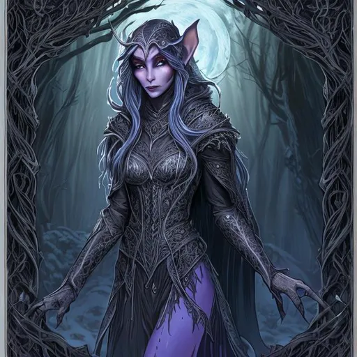 Prompt: "Design an intricate character portrait for a D&D (Dungeons & Dragons) campaign. The character is Valeria Moonshadow, an elven rogue with a mysterious past. She is lithe and graceful, standing against a backdrop of a moonlit forest. Valeria wears dark leather armor adorned with delicate silver engravings, and her hood is pulled back to reveal long, sapphire-blue hair that shimmers in the moonlight. Her piercing green eyes hold a hint of both danger and allure, and a silver amulet hangs from her neck. Around her waist, she carries an assortment of pouches and vials. In one hand, she holds a curved elven dagger with an ornate hilt, while the other rests casually on the hilt of a sheathed shortsword at her side. Captivate viewers with an air of enigma, capturing both her roguish nature and the secrets that dwell within her past."