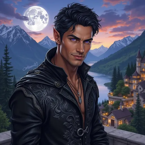 Prompt:  @E9F5IeylWCK78nhhDgNv a male elf with pointed ears and purple eyes, is standing on a terrace overlooking a riverside town. there are mountains behind him and a full moon. he is looking at the viewer and smiling enticingly.