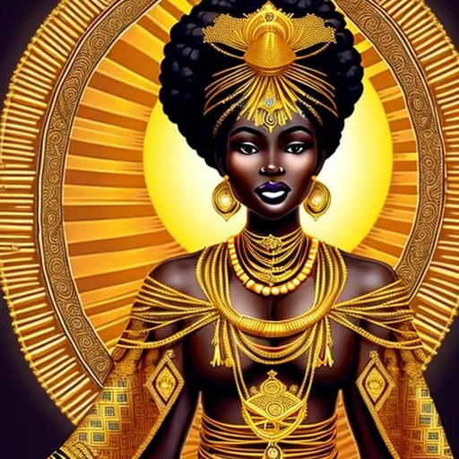 Prompt: Beautiful black goddess wearing traditional African royalty clothes, she is a sun goddess and very regal. Laden with gold and jewels. She eminates a golden aura