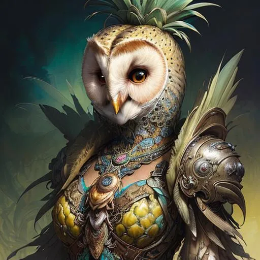 Prompt: "A detailed textured pineapple barn owl, A breathtaking masterpiece fantasycore artwork by Android Jones, Jean Baptiste monge, Alberto Seveso, Erin Hanson, Jeremy Mann. maximalist highly detailed, 8k concept_art, Artstation, colourful"


