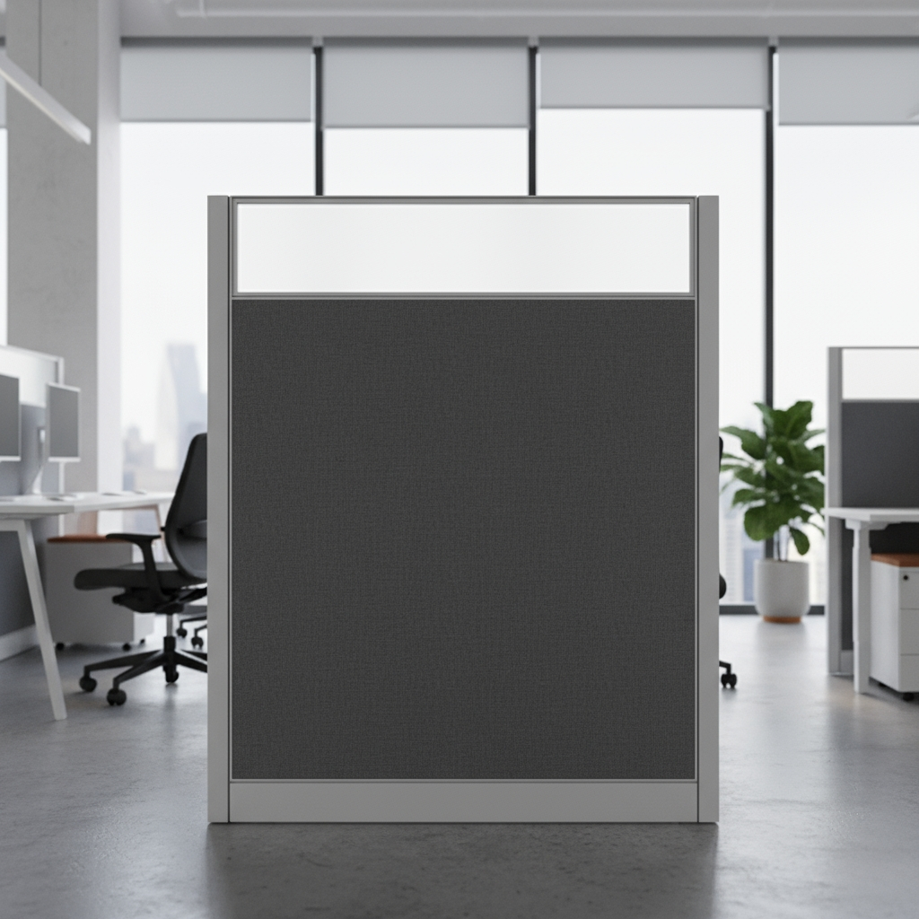 Side profile shot of a tall grey cubicle wall in a m...