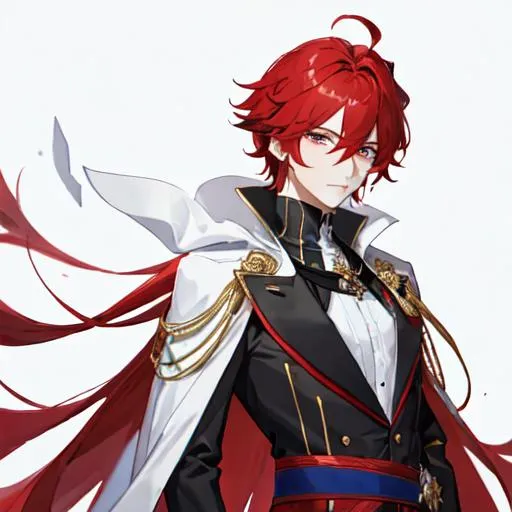 Prompt: Zerif 1male (Red side-swept hair covering his right eye) wearing a black royal suit, white cape, 