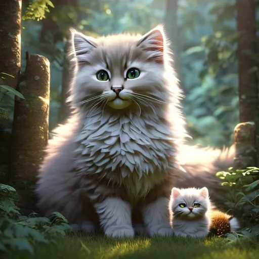 Prompt:  realistic fluffy very cute and eyes calm lighting, highly detailed, fluffy, adorable, beautiful, soft dramatic lighting, light shafts, radiant, ultra high quality octane render, daytime forest background, full body mama cat with baby kittens