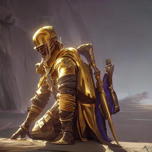 Prompt: golden knight looking at his dead squire in grief the knights lips quiver up before he sheds a tear