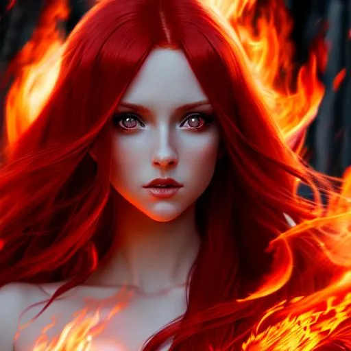 Prompt: Long Red Hair Attractive Female Character with Fire Magic, Elegant, Romantic, HDR, High Definition, cinematic, deep shadows, dynamic light, hyperrealism, definition, glowing eyes, facial symmetry